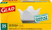Glad Quick Tie Tall Kitchen Trash Bags, 35 count per pack -- 12 per case.