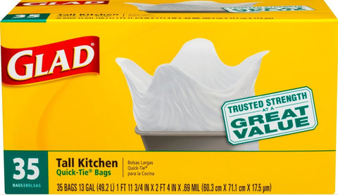 Glad Quick Tie Tall Kitchen Trash Bags, 35 count per pack -- 12 per case.