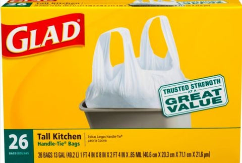 Glad Handle Tie Tall Kitchen Bags, 26 count per pack -- 9 per case.