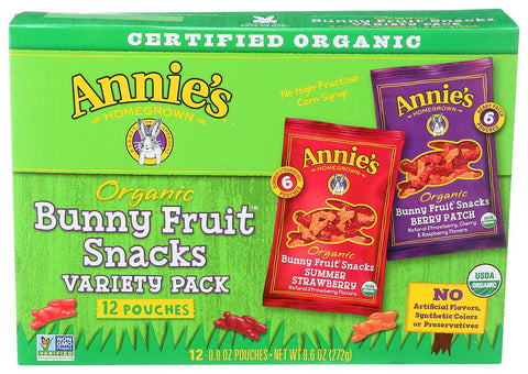 Annies Homegrown Organic Bunny Fruit Snacks Variety Pack, 9.6 Ounce -- 12 per case.