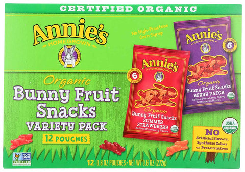 Annies Homegrown Organic Bunny Fruit Snacks Variety Pack, 9.6 Ounce -- 12 per case.