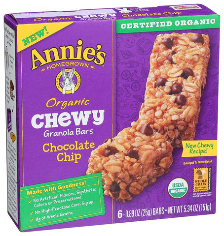 Annies Homegrown Organic Chocolate Chip Chewy Granola Bar, 5.34 Ounce -- 12 per case