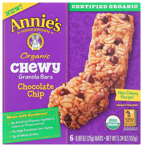 Annies Homegrown Organic Chocolate Chip Chewy Granola Bar, 5.34 Ounce -- 12 per case