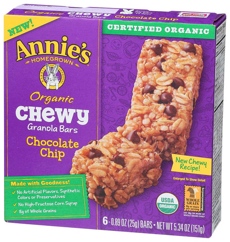 Annies Homegrown Organic Chocolate Chip Chewy Granola Bar, 5.34 Ounce -- 12 per case