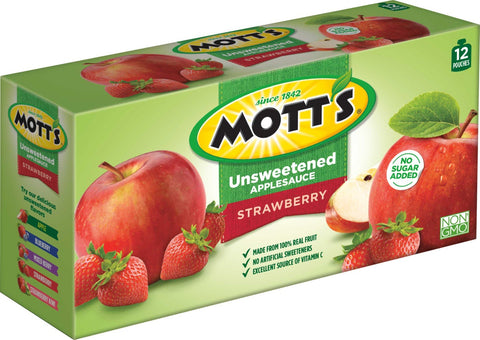 Motts Unsweetened Strawberry Applesauce, 3.2 Ounce Pouch - 12 count per pack -- 4 packs per case