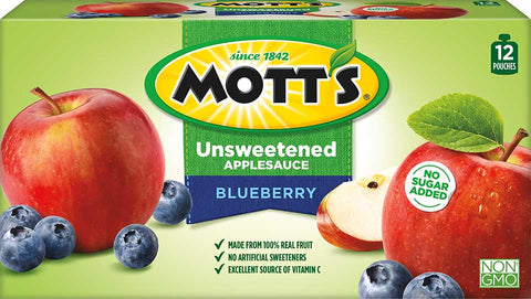 Motts Unsweetened Blueberry Applesauce, 3.2 Ounce Pouch - 12 count per pack -- 4 packs per case