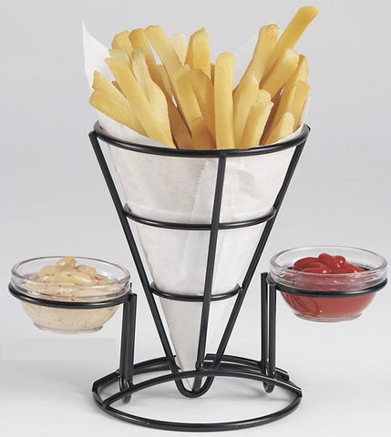 GET Enterprises Iron Powder Coated Black Fry Cone with 2 Condiment Holders, 5 inch Dia -- 12 per case