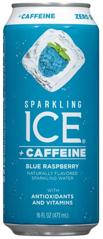 Sparkling Ice Caffeine Blue Raspberry Sparkling Water, 16 Fluid Ounce Can -- 12 per case.