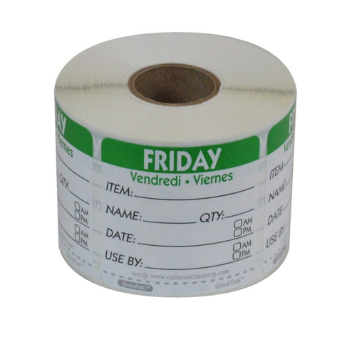 National Checking DateIt Item Date Use By Friday Removable Food Safety Label Roll, 500 count per roll.