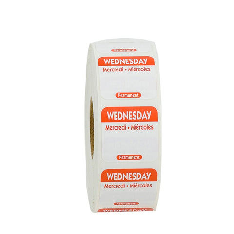National Checking Company Dateit Red Trilingual Permanent Label - Wednesday, 1 x 1 inch -- 1000 per case.