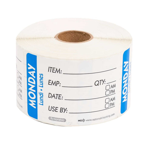 National Checking Company Dateit Blue Trilingual Item/Date/Use By Removable Label - Monday, 2 x 3 inch -- 500 per case.