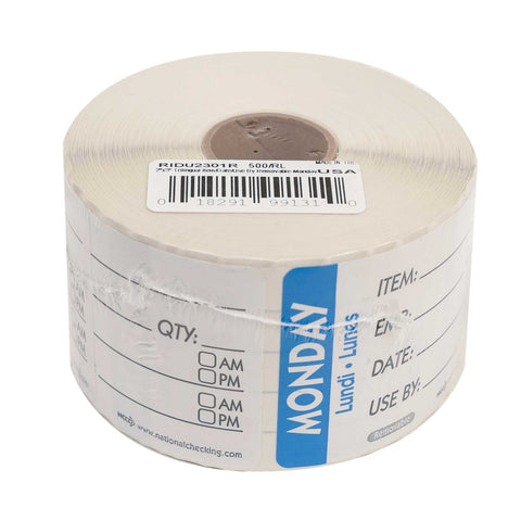 National Checking Company Dateit Blue Trilingual Item/Date/Use By Removable Label - Monday, 2 x 3 inch -- 500 per case.