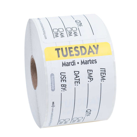 National Checking Company Dateit Yellow Trilingual Item/Date/Use By Removable Label - Tuesday, 2 x 3 inch -- 500 per case.