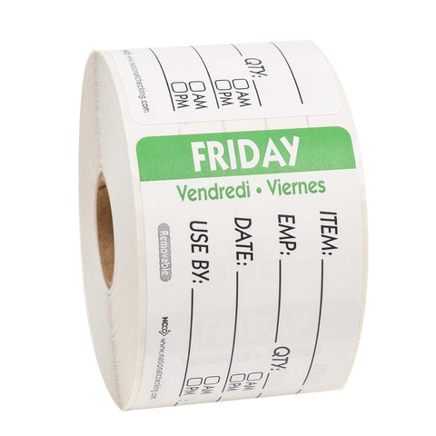 National Checking Company Dateit Green Trilingual Item/Date/Use By Removable Label - Friday, 2 x 3 inch -- 500 per case.