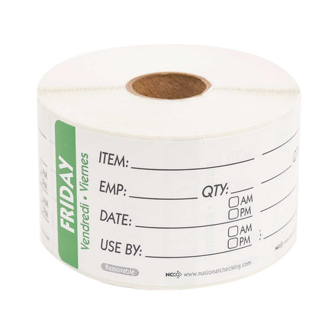 National Checking Company Dateit Green Trilingual Item/Date/Use By Removable Label - Friday, 2 x 3 inch -- 500 per case.