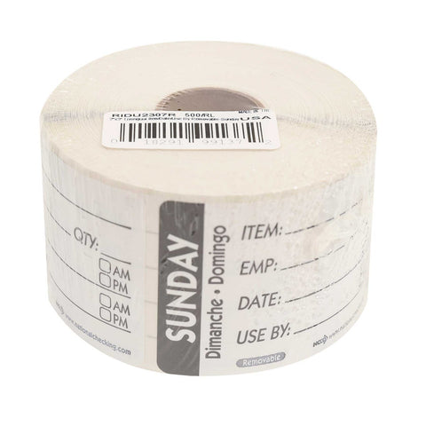 National Checking Company Dateit Black Trilingual Item/Date/Use By Removable Label - Sunday, 2 x 3 inch -- 500 per case.