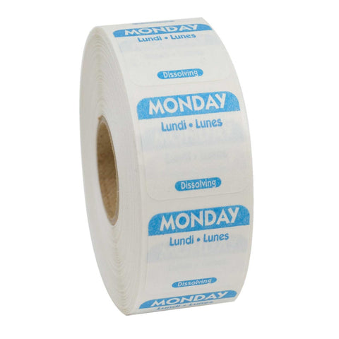 National Checking Company Dateit Blue Trilingual Dissolvable Label - Monday, 1 x 1 inch -- 1000 per case.