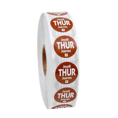 National Checking Company Dateit Brown Trilingual Permanent Label - Thursday, 0.75 inch Circle -- 2000 per case.
