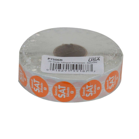 National Checking Company Dateit Orange Trilingual Permanent Label - Saturday, 0.75 inch Circle -- 2000 per case.
