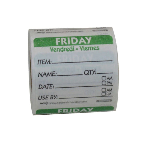 National Checking Company Dateit Trilingual Item/Date/Use By Dissolvabel Label - Friday, 2 x 2 inch -- 6000 per case.