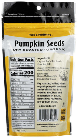 Eden Foods Organic Dry Roasted and Salted Pumpkin Seed, 4 Ounce -- 15 per case.