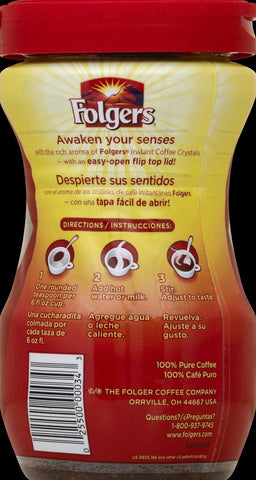 Folgers Classic Roast Caffeinated Instant Coffee Crystals, 8 Ounce -- 6 per case