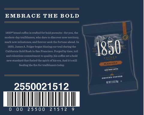Folgers 1850 Black Gold Dark Roast Ground Coffee, 2.5 Ounce -- 24 per case.
