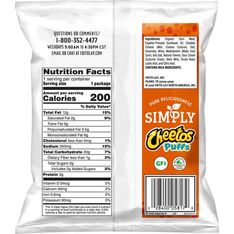 Cheetos Simply White Cheddar Puffs, 1.25 Ounce Plastic Bag -- 64 per case.