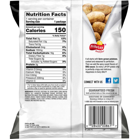 Lays BBQ Potato Chips Single Serve, 1 Ounce -- 104 per case.