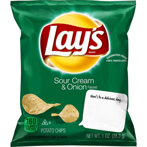 Lays Sour Cream and Onion Potato Chips, 1 Ounce -- 104 per case.