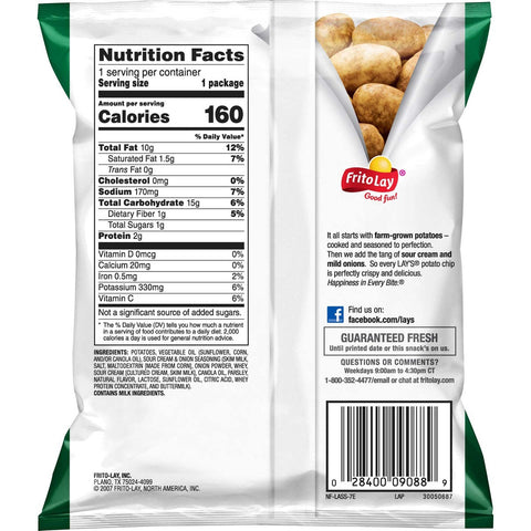 Lays Sour Cream and Onion Potato Chips, 1 Ounce -- 104 per case.