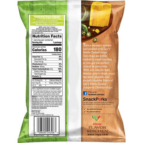 Lays Kettle Cooked Jalapeno and Cheddar Potato Chips, 1.375 Ounce -- 64 per case.