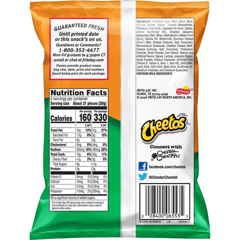 Cheetos Cheddar Jalapeno Crunchy Cheese Snacks, 2 Ounce -- 64 per case.