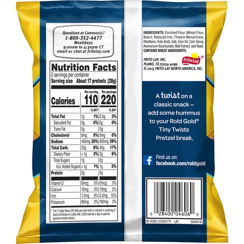 Rold Gold Classic Single Serve Tiny Twists Pretzels, 2 Ounce -- 64 per case.