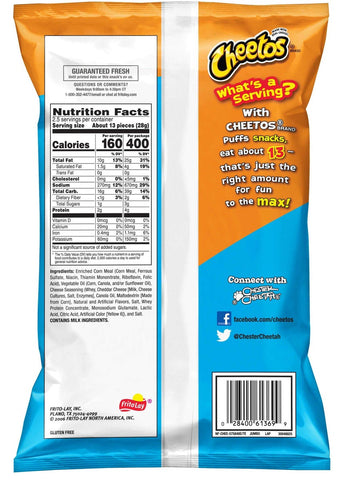 Cheetos Puffed Cheese Flavored Snacks, 2.5 Ounce -- 21 per case
