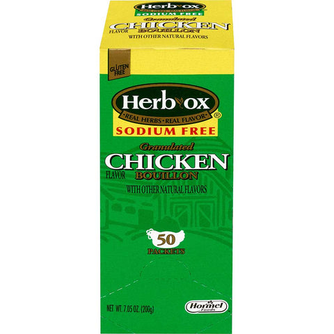 Hormel Health Labs Herb-Ox Instant Sodium Free Chicken Broth, 50 packets per box -- 6 boxes per case