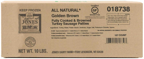 Jones Dairy Farm Gluten Free Fully Cooked Turkey Sausage Patties, 1.5 Ounce -- 107 per case