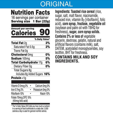 Kelloggs Rice Krispies Treats Original Snack Bar, 0.78 Ounce -- 96 per case.