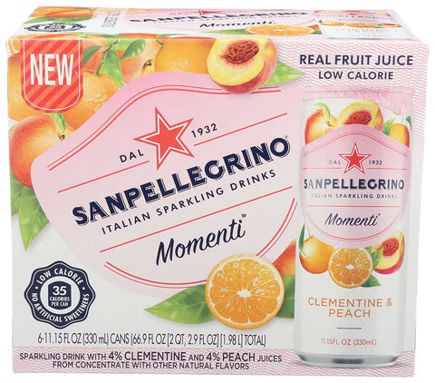 Sanpellegrino Momenti Clementine and Peach Sparkling Beverage, 11.15 Fluid Ounce - 6 count per pack -- 4 packs per case