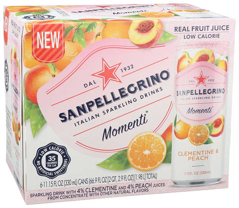 Sanpellegrino Momenti Clementine and Peach Sparkling Beverage, 11.15 Fluid Ounce - 6 count per pack -- 4 packs per case