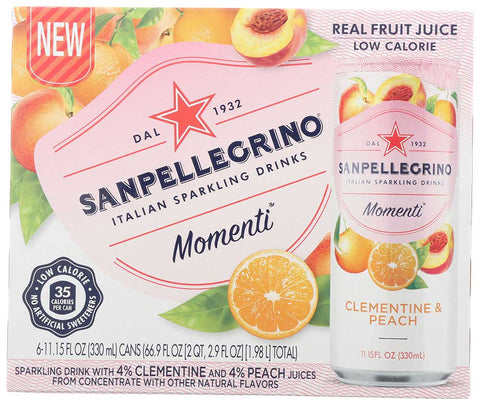Sanpellegrino Momenti Clementine and Peach Sparkling Beverage, 11.15 Fluid Ounce - 6 count per pack -- 4 packs per case