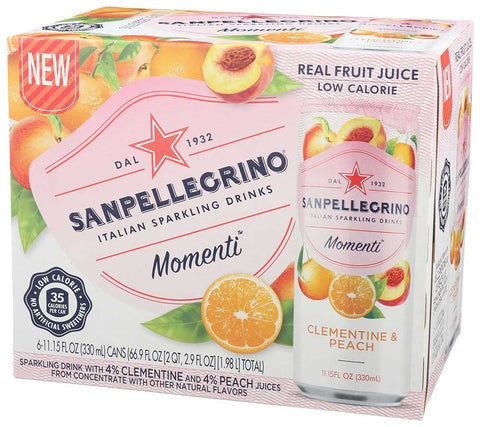 Sanpellegrino Momenti Clementine and Peach Sparkling Beverage, 11.15 Fluid Ounce - 6 count per pack -- 4 packs per case