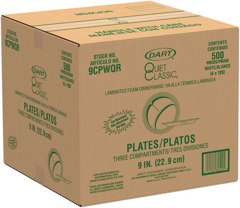 Dart Foam Plastic Plates, 9 inch dia, White, Round, 3 Compartments, 125/Pk, 4 Pks/Carton