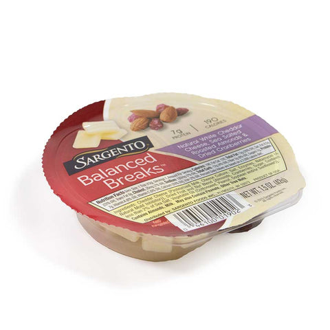 Sargento Balanced Breaks Single Natural White Cheddar Cheese with Almonds and Cranberries, 1.5 Ounce -- 12 per case.
