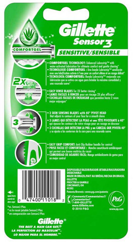 Gillette Sensor 3 Base Sensitive/Sensible Disposable Razor, 8 count per pack -- 12 per case.