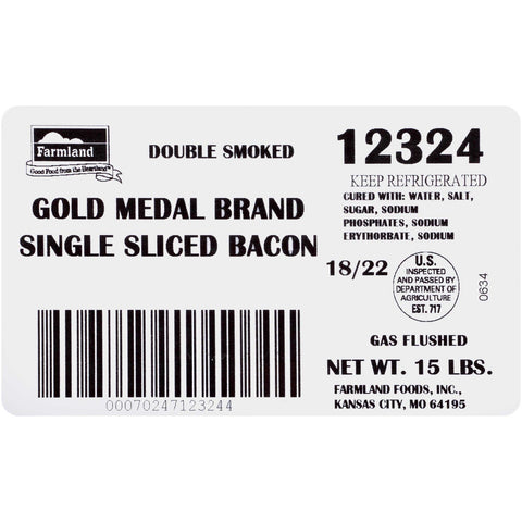 Farmland Gold Medal Single Sliced Bacon Gas Flushed, 18/22 Slice, 15 Pounds