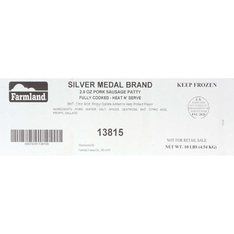 Farmland Silver Medal Fully Cooked Smoked Pork Sausage Patty, 10 Pound.