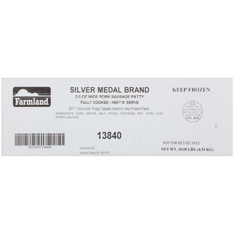 Farmland Silver Medal Fully Cooked Wide Sausage Patty, 10 Pound.