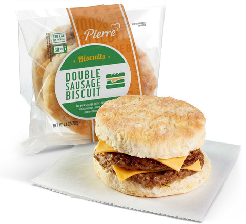 Advance Pierre Pierre Double Sausage Biscuit with Cheese, 7.1 Ounce -- 12 per case.