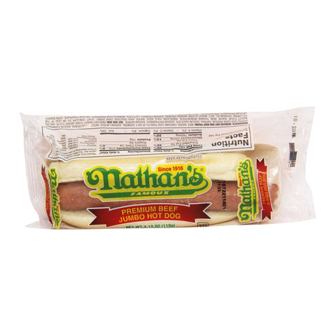 Advance Pierre Nathans Fully Cooked Jumbo Beef Hot Dog with Bun, 4.15 Ounce -- 12 per case